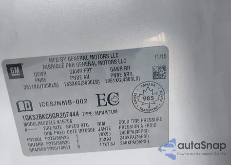 2016 GMC Yukon Slt z USA, uszkodzony, nr VIN 1GKS2BKC6GR207444